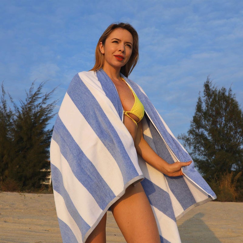 HENBAY Cotton Oversized Beach Towel - Large 70 x 35 Inch Pool Towel  Blue Striped Quick Dry Swimming Cabana Towel - Image 5